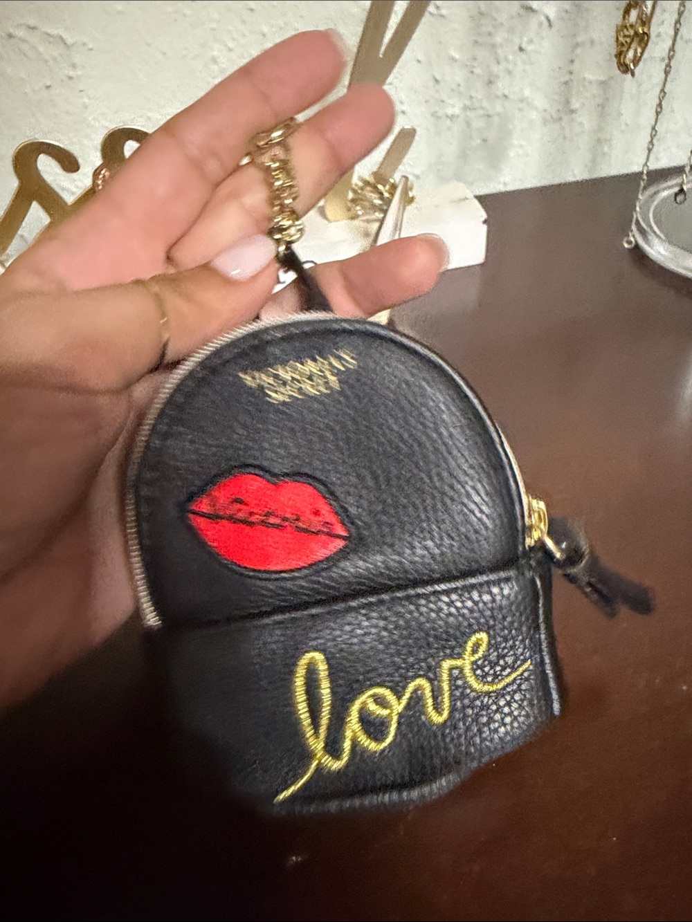 Black 'Love' Mini Backpack Keychain Wristlet with Red Lip Accent